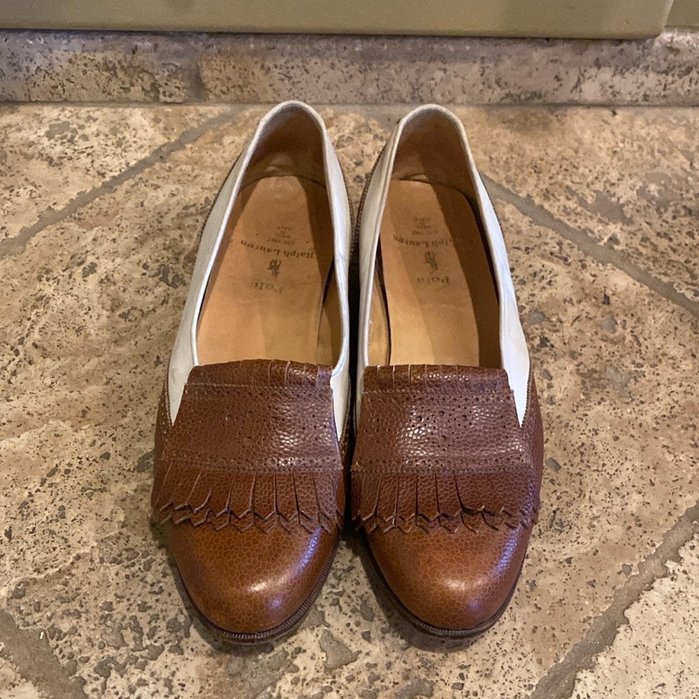 Vintage Ralph Lauren Made in Italy Brown and White Loafers with Fringe Accent
